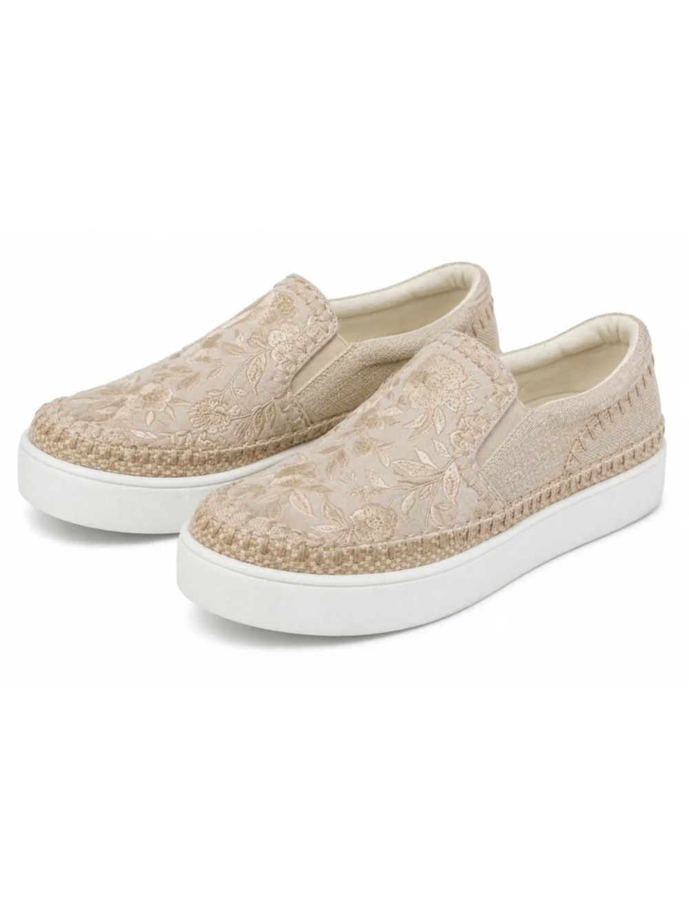 Johnny Was Floral Embroider Platform Slip-On Sneakers Beige Canvas Shoes Sz 8.5